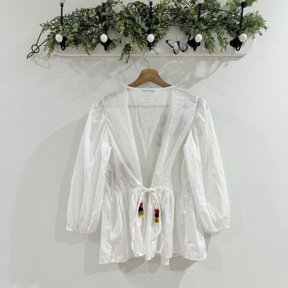 Madewell Embroidered Peplum Buttons Down Floral Top Row Back Pom Pom Small - Picture 3 of 5